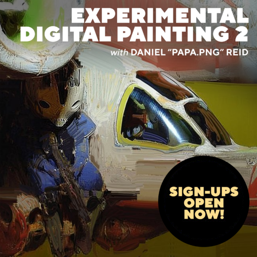 Painting of a camping caravan spaceship. Text reads: Experimental Digital Painting 2 with Daniel “Papa.png” Reid Sign-Ups Open Now!