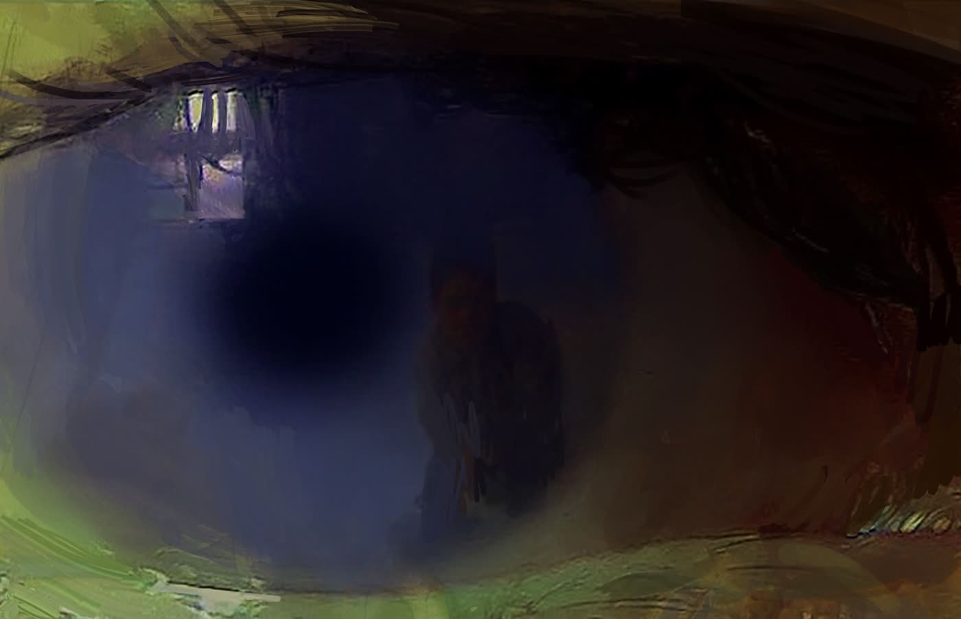 painting of a figure in a window reflected in an eye