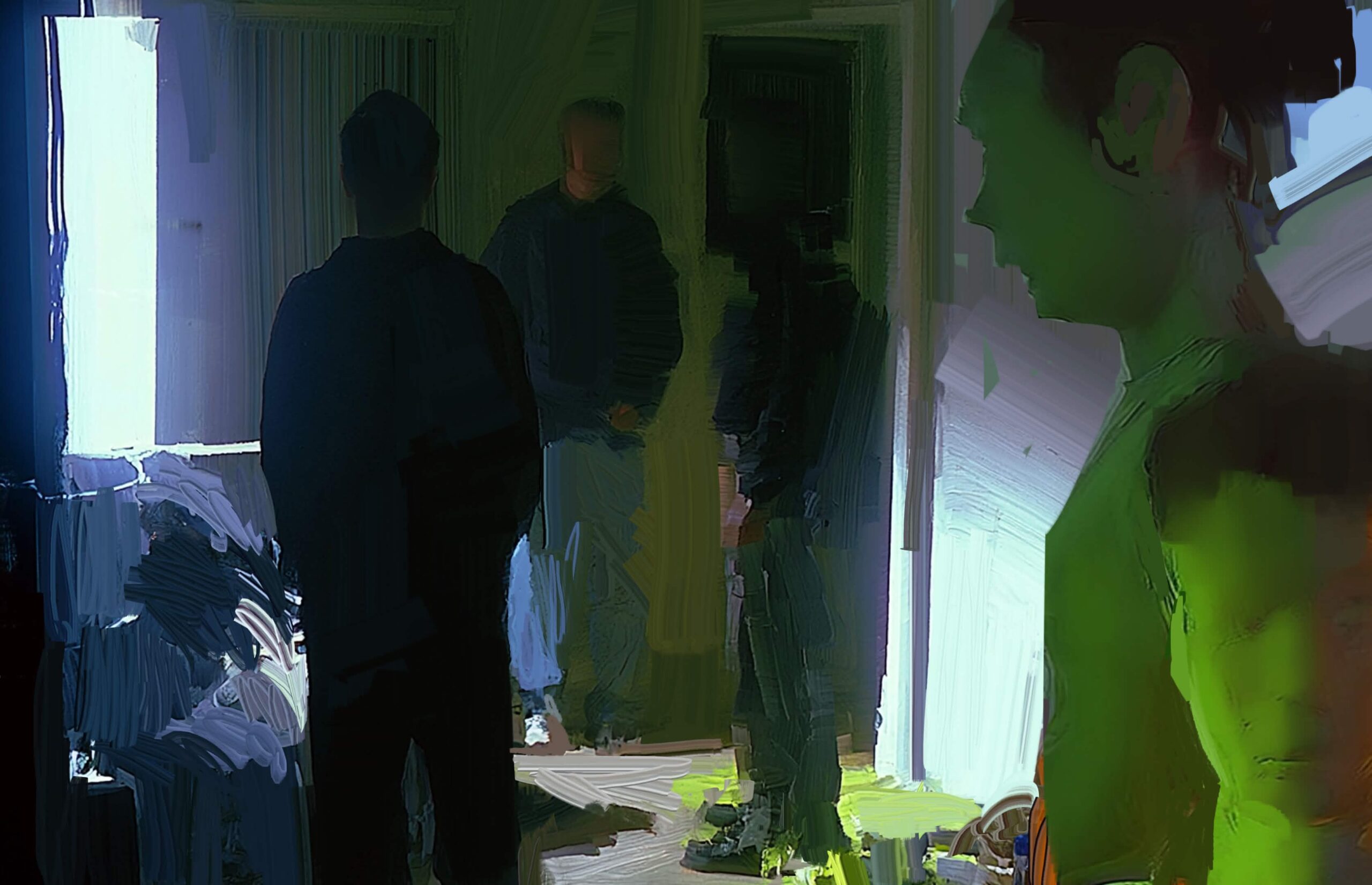 Painting of figures in a room lit by window light
