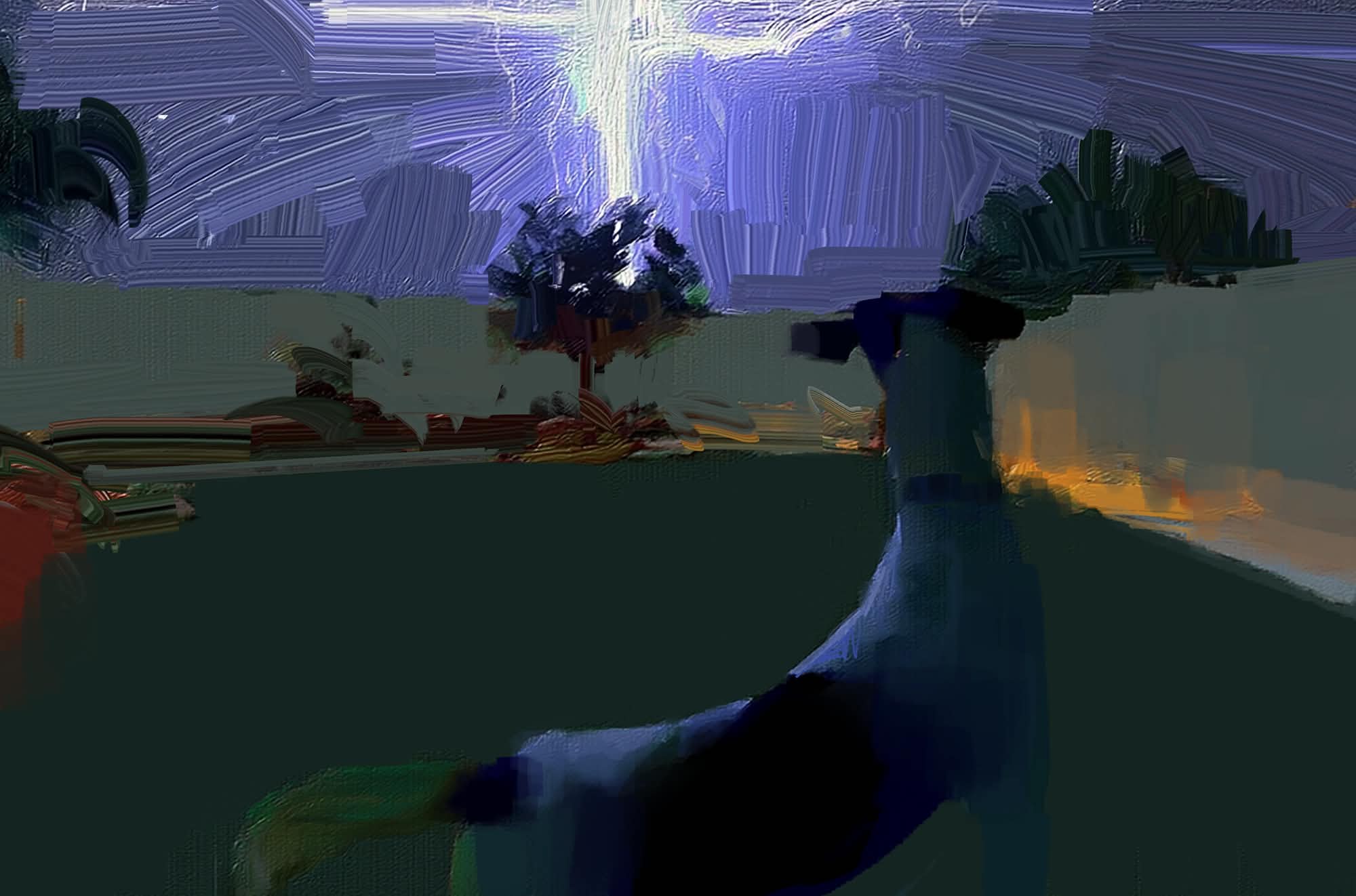 Painting of dog looking at a tree struck by lightning in the distance