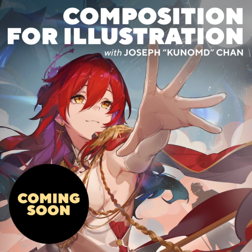 Red-headed figure reaching toward the screen. Text reads: Composition for Illustration with Joseph “KunoMD” Chan Coming Soon!