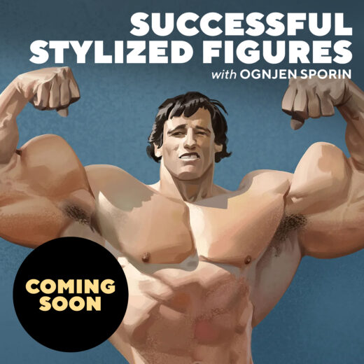 Stylized painting of a young Arnold Schwarzenegger flexing. Text reads: Successful Stylized Figures with Ognjen Sporin Coming soon