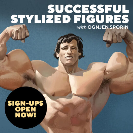 Stylized painting of a young Arnold Schwarzenegger flexing. Text reads: Successful Stylized Figures with Ognjen Sporin Sign-Ups Open Now!